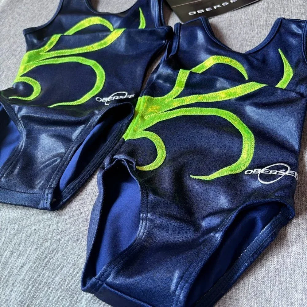 2 Pcs Obersee Girl's Gymnastics Leotards, Navy/Green Strands, Child XXS